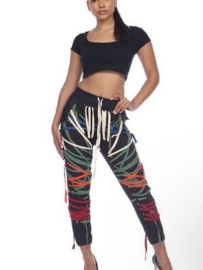 Fashion Nana Black Skinny Lace-Up Joggers with Multicolor Straps